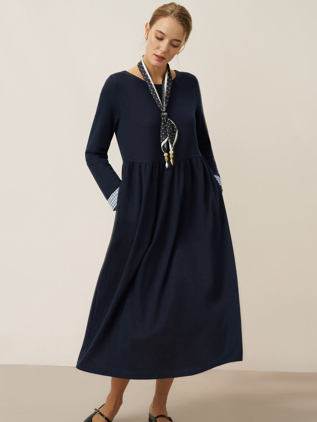 Organic Cotton Patchwork Cuff Crew Neck Casual Maxi Dress SCARLETT