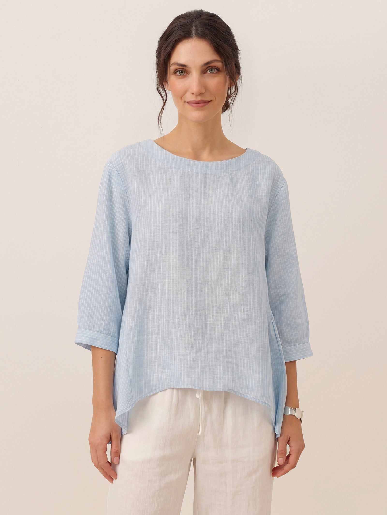 100% Linen Round Neck Artistic Stripe Top FLORENCE