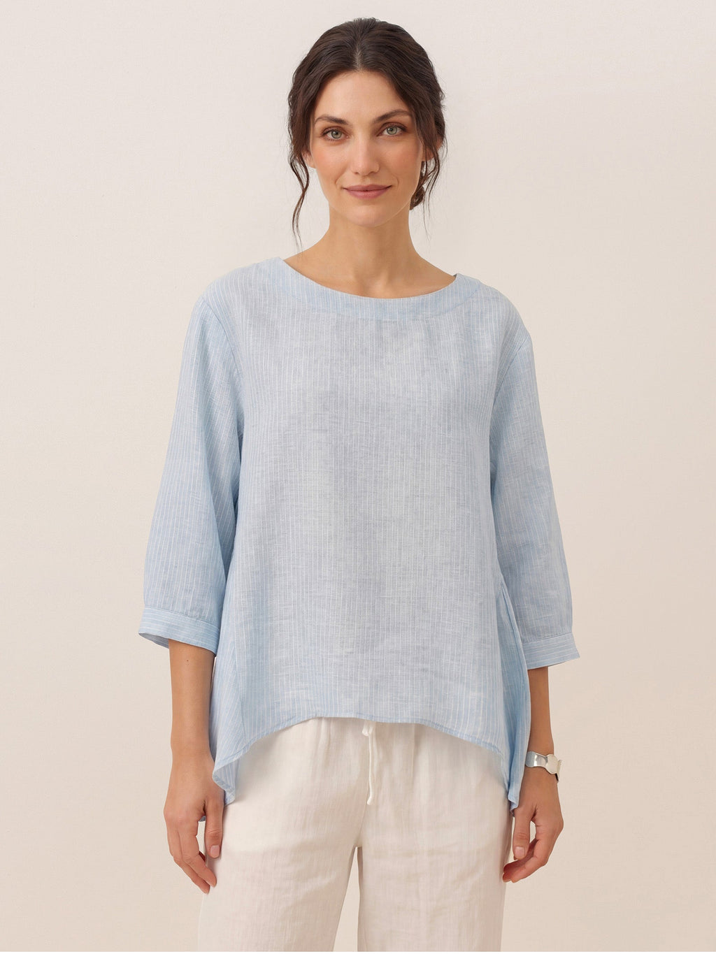 100% Linen Round Neck Artistic Stripe Top FLORENCE