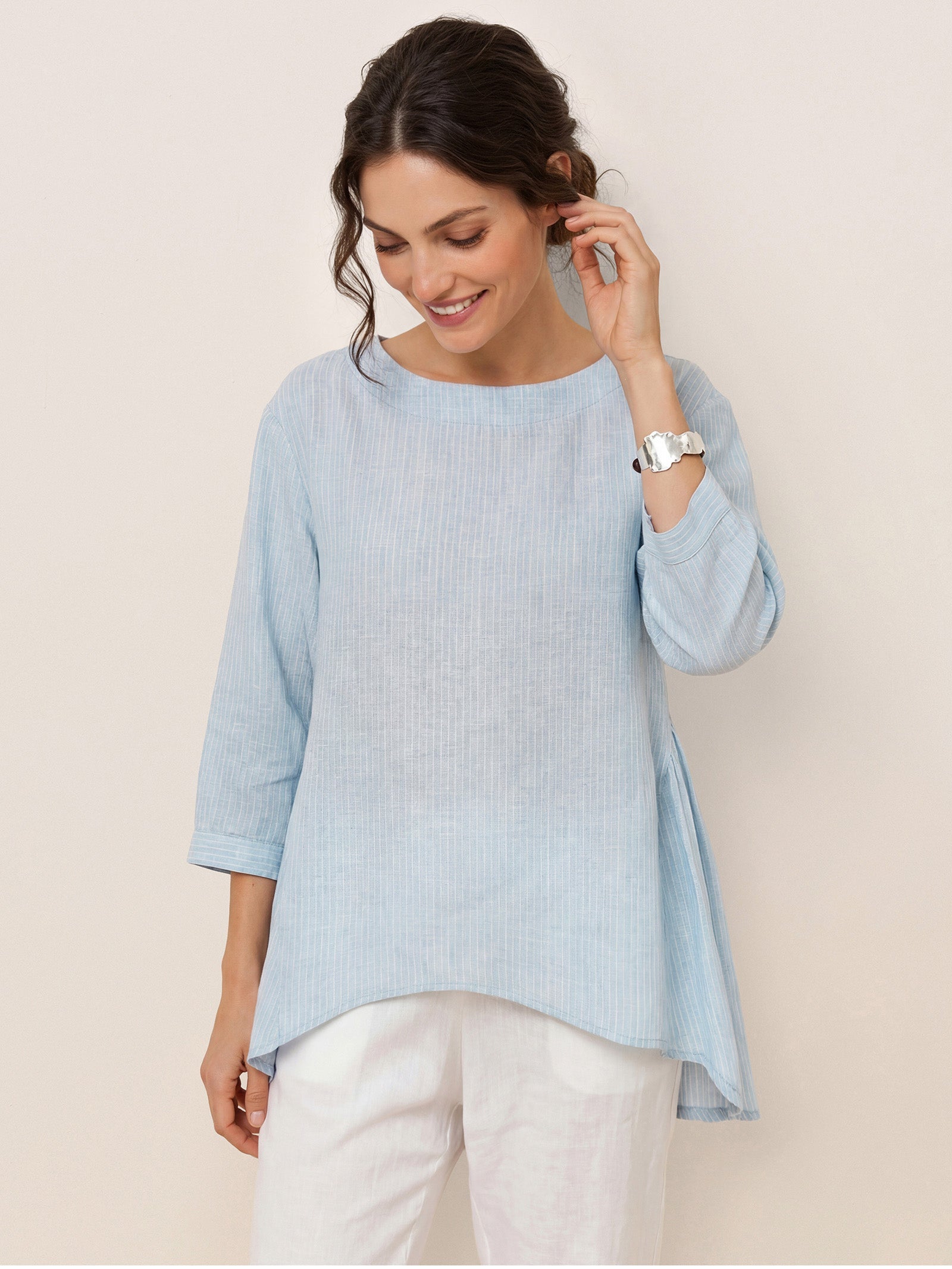 100% Linen Round Neck Artistic Stripe Top FLORENCE