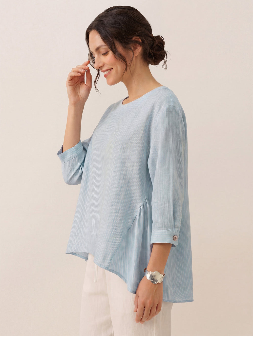 100% Linen Round Neck Artistic Stripe Top FLORENCE