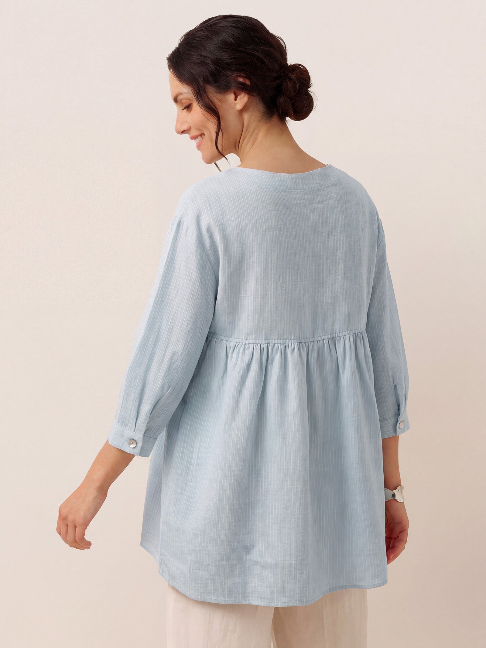 100% Linen Round Neck Artistic Stripe Top FLORENCE