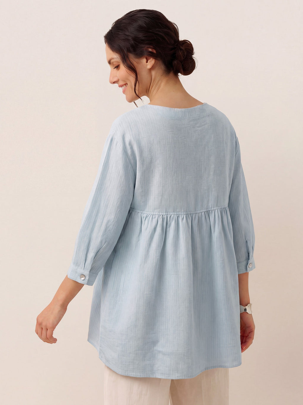 100% Linen Round Neck Artistic Stripe Top FLORENCE