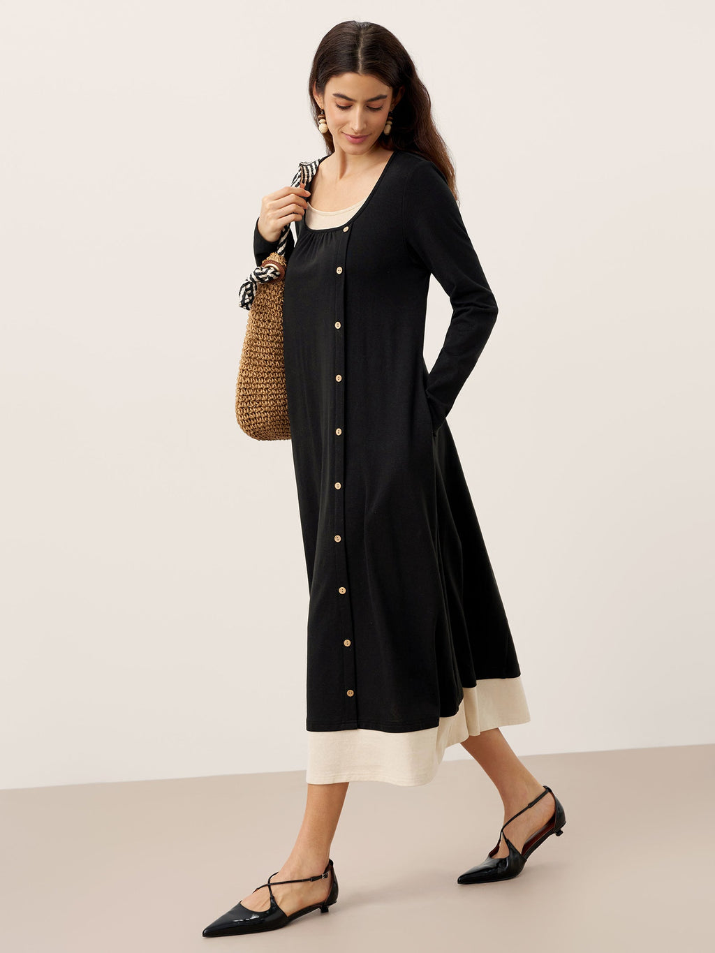 Cotton Linen Button Decor Colorblock Maxi Dress NIMUE