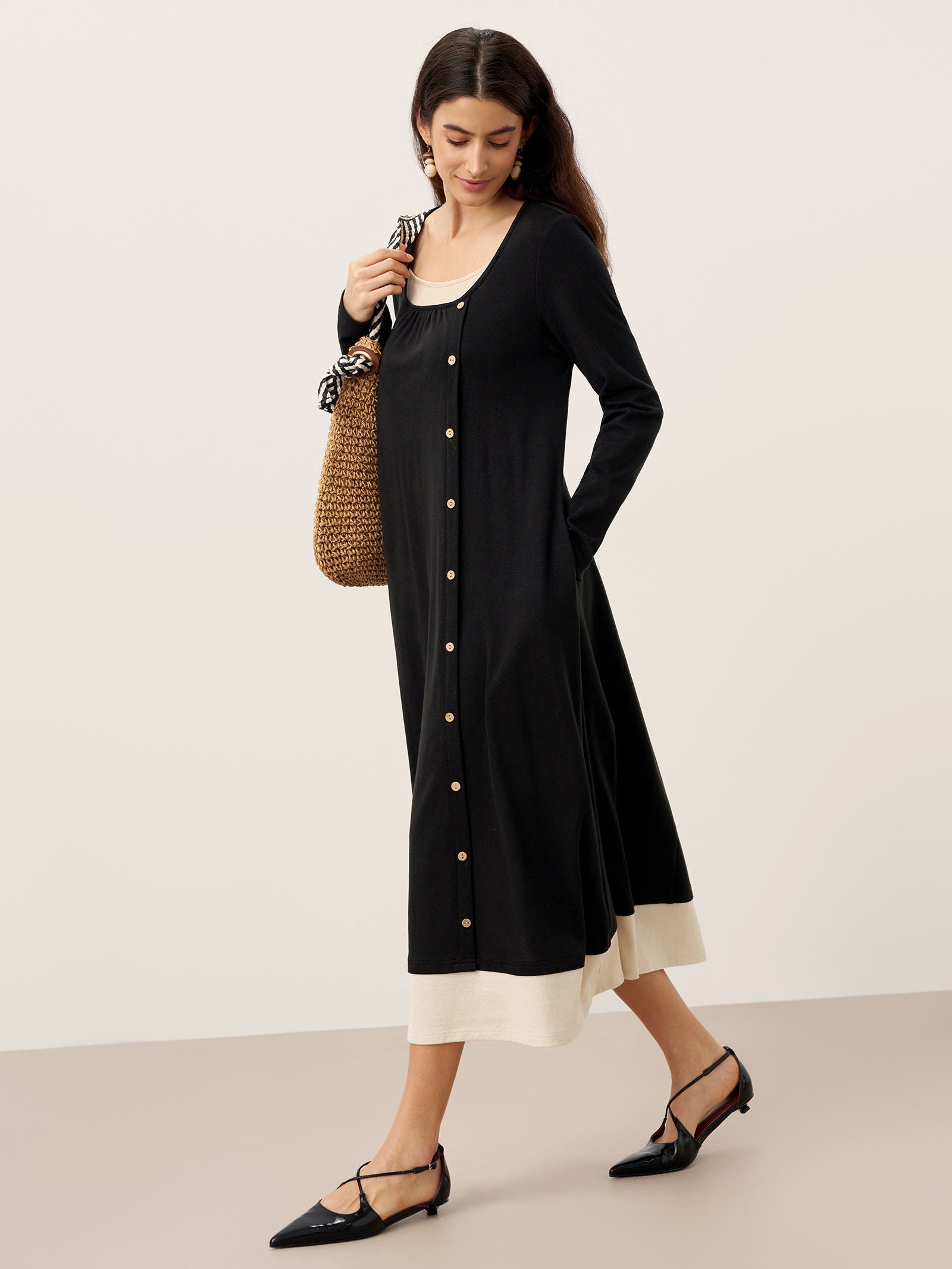 Cotton Linen Button Decor Colorblock Maxi Dress NIMUE