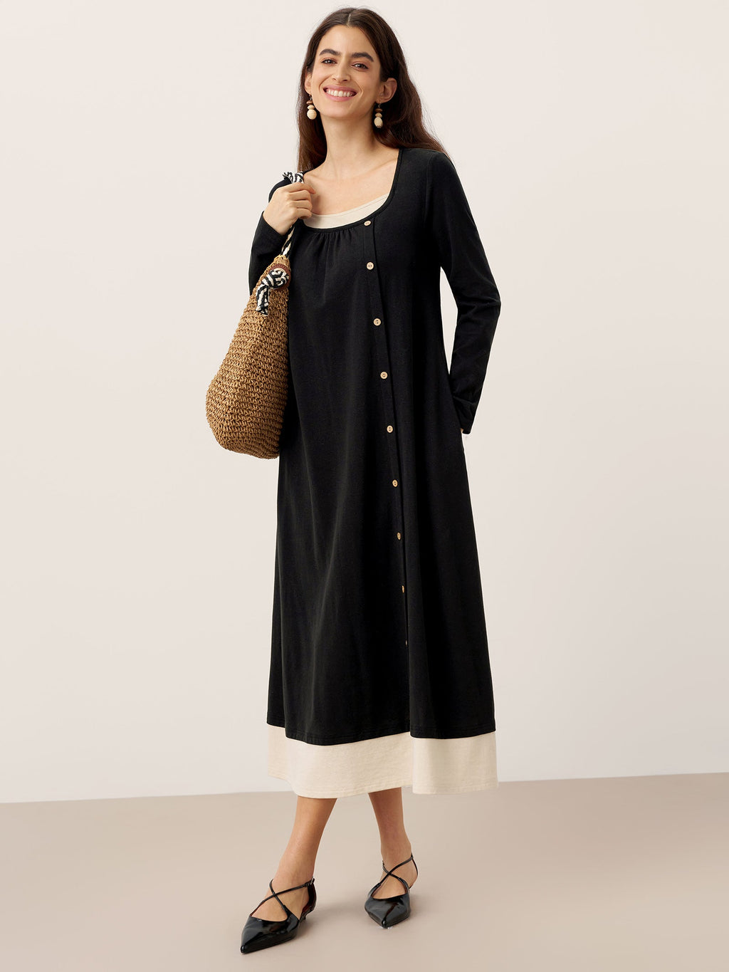 Cotton Linen Button Decor Colorblock Maxi Dress NIMUE