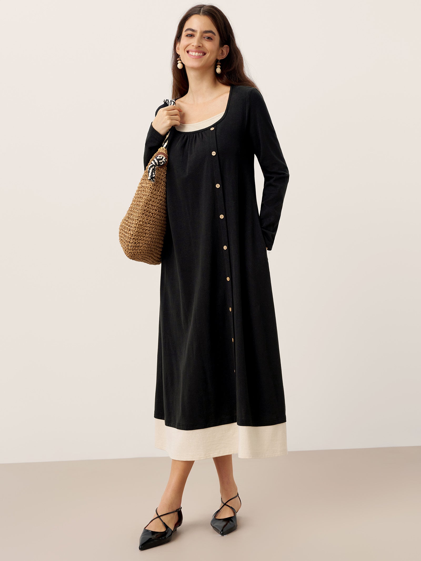 Cotton Linen Button Decor Colorblock Maxi Dress NIMUE