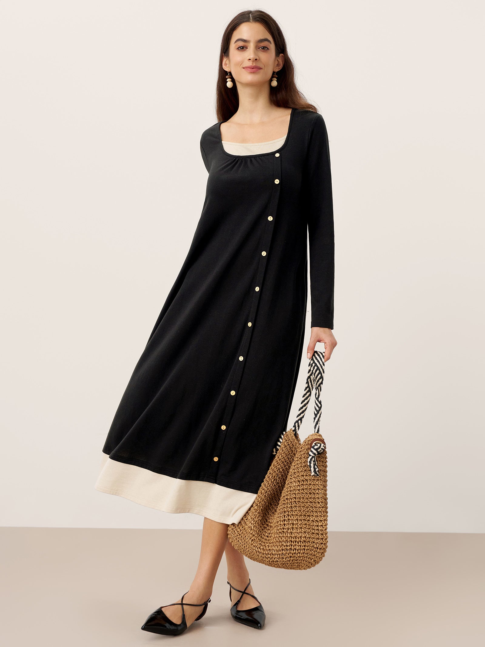 Cotton Linen Button Decor Colorblock Maxi Dress NIMUE