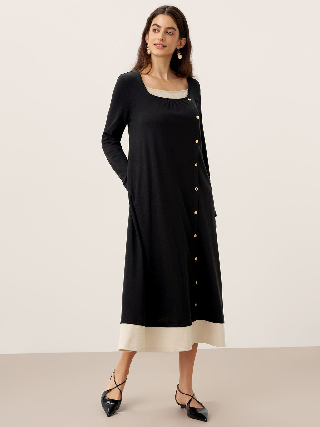 Cotton Linen Button Decor Colorblock Maxi Dress NIMUE