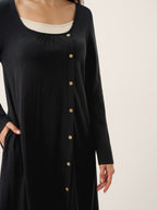 Cotton Linen Button Decor Colorblock Maxi Dress NIMUE