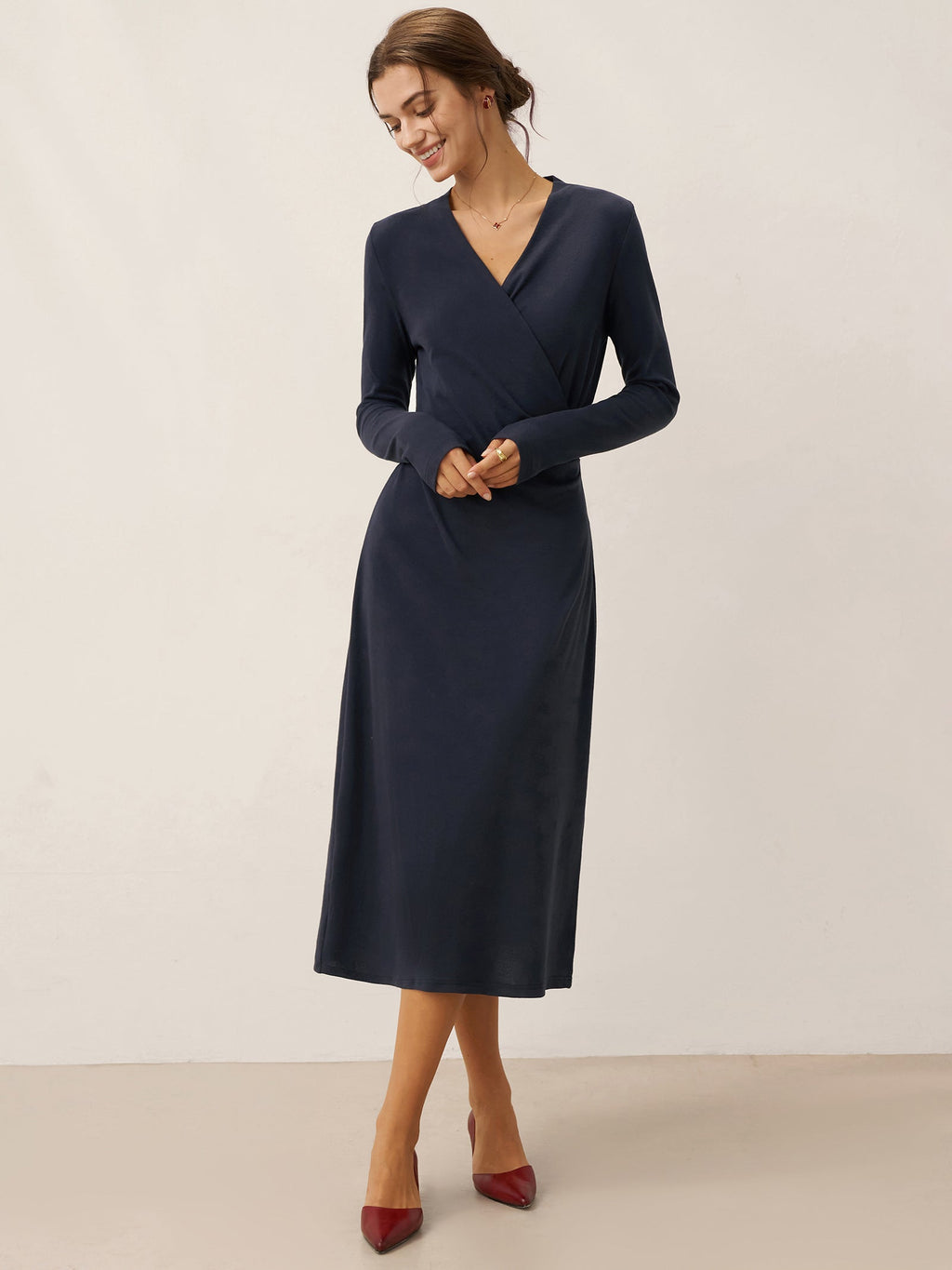 Crossover V-Neck Wrap Stretch Midi Dress MARNIE