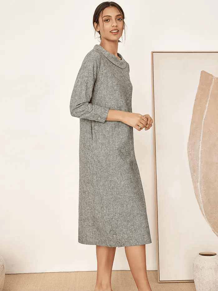 Linen Round Soft-Fold Collar Midi Dress MELLOW