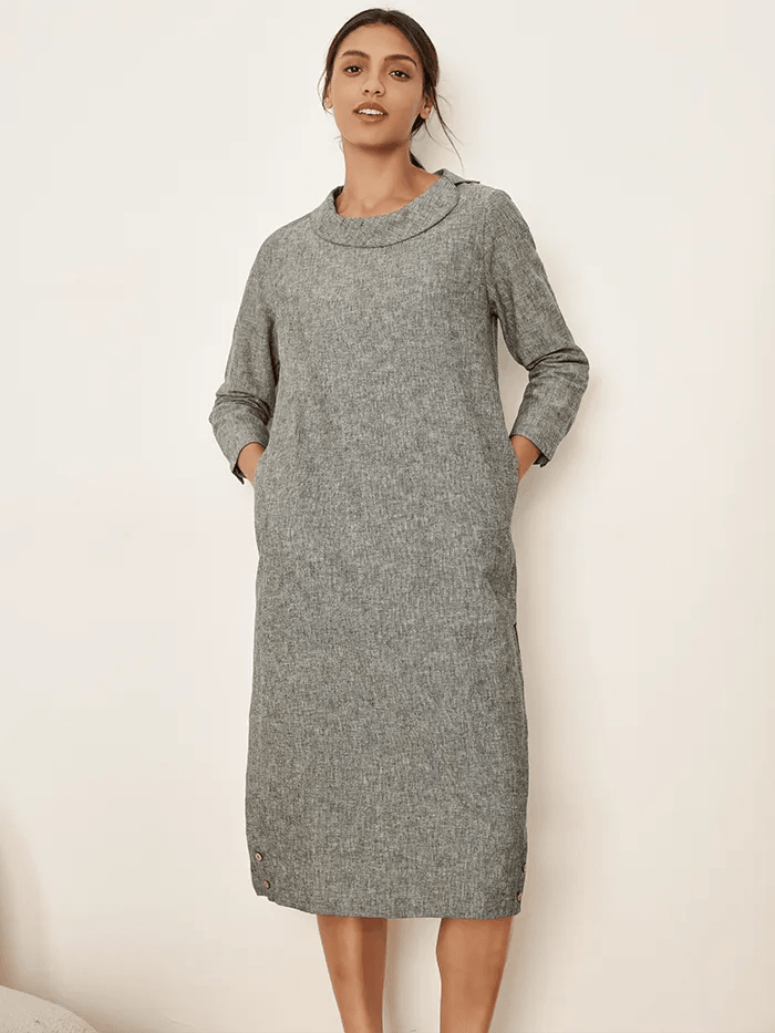 Linen Round Soft-Fold Collar Midi Dress MELLOW