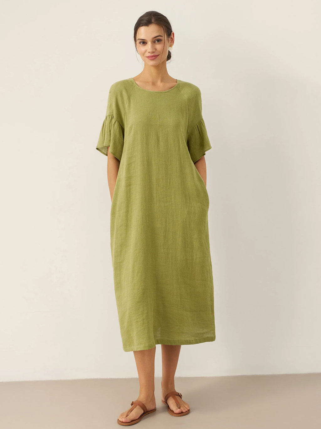 Linen Round Neck Flutter Sleeve Maxi Dress WINNIE