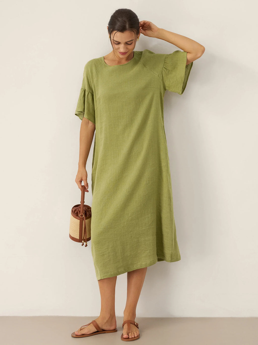 Linen Round Neck Flutter Sleeve Maxi Dress WINNIE