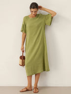 Linen Round Neck Flutter Sleeve Maxi Dress WINNIE