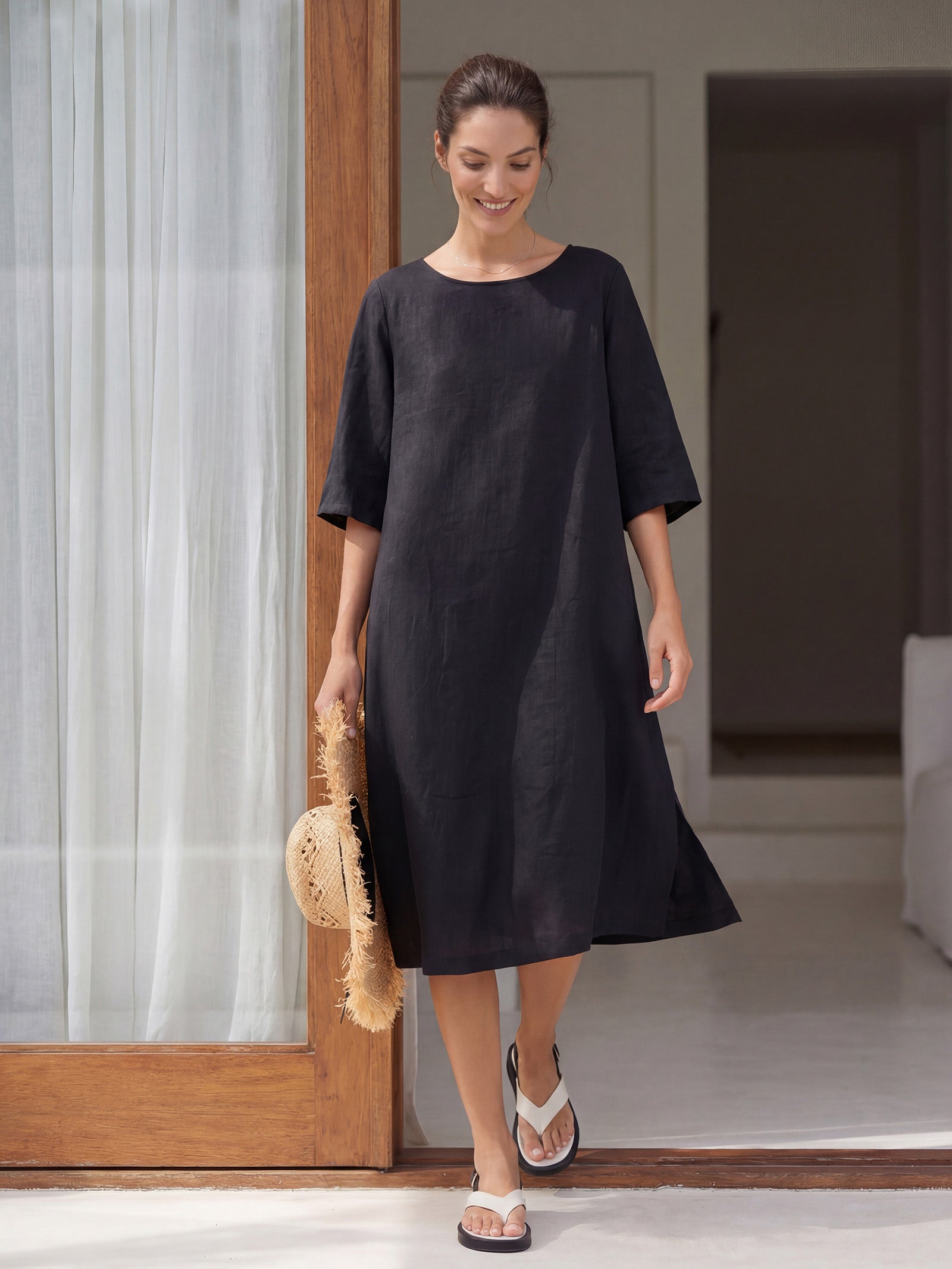 100% Linen Collarless Mid-Length Dress SOFIA
