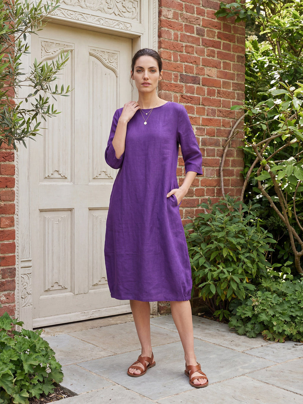 100% Linen Collarless Mid-Length Dress SOFIA