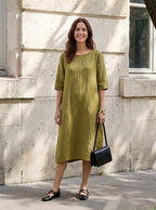 100% Linen Round Neck Back Placket Pleat Midi Dress PENELOPE