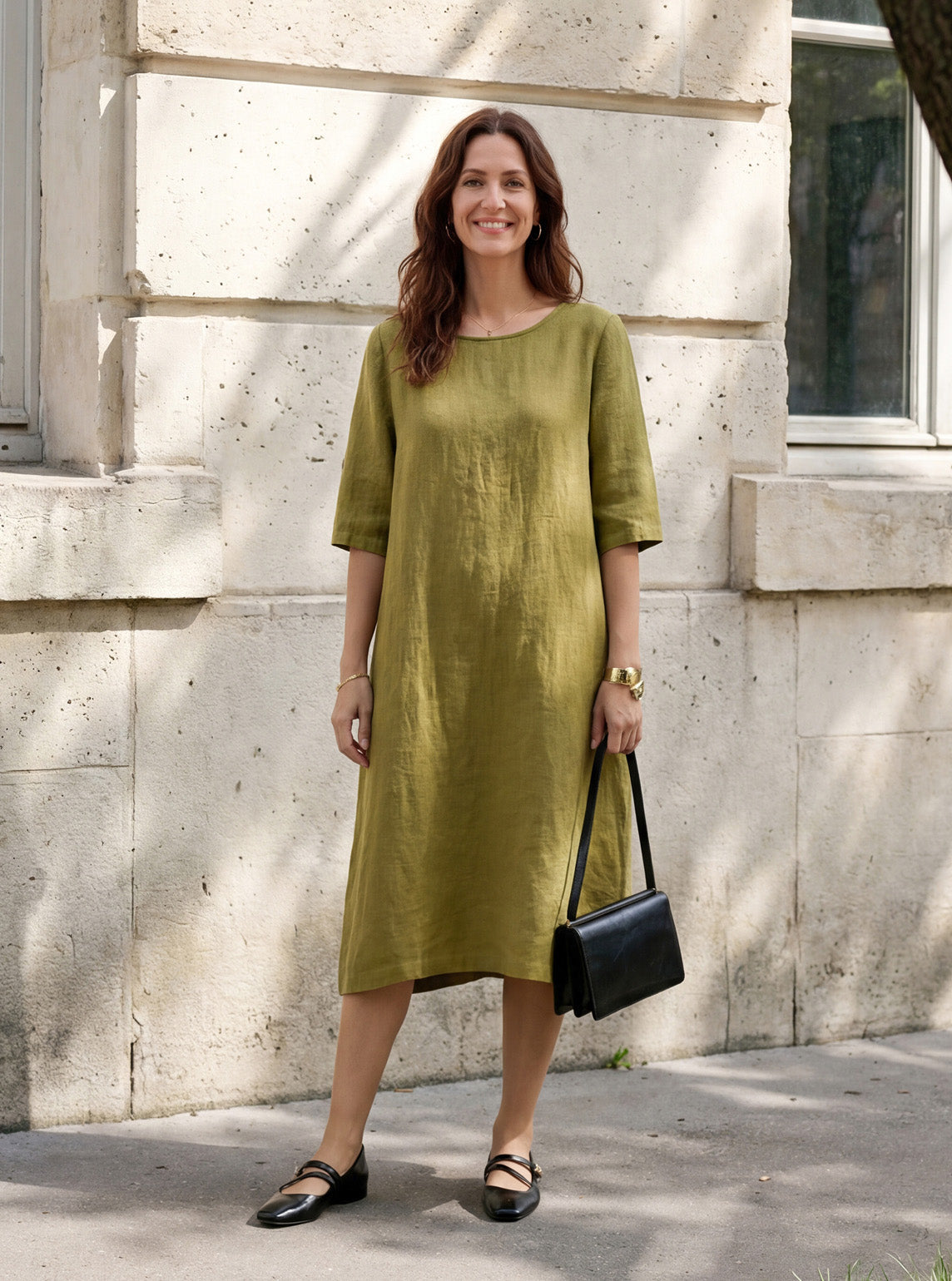 100% Linen Round Neck Back Placket Pleat Midi Dress PENELOPE