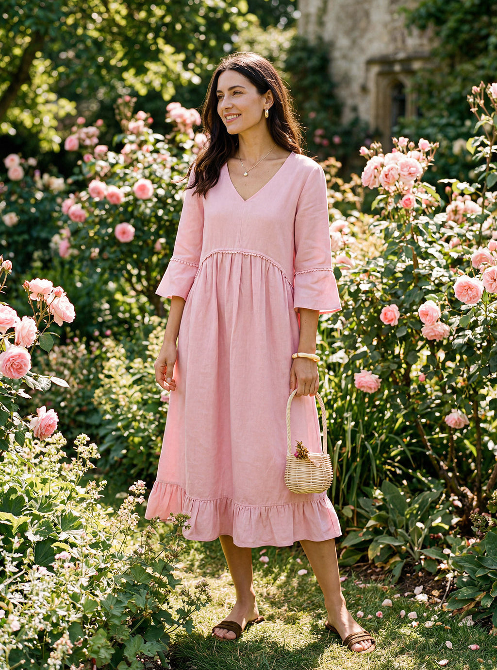 100% Linen V-Neck Ruffle Hem Midi Dress with Crochet Trim MARTHA