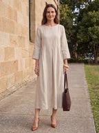 100% Linen Bateau Neck Pleated Maxi Dress ABIGAIL