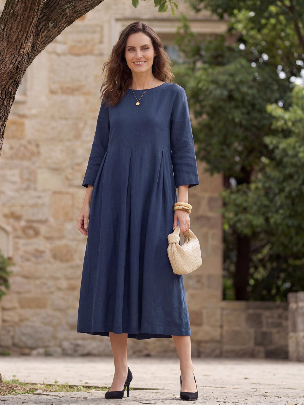 100% Linen Bateau Neck Pleated Maxi Dress ABIGAIL