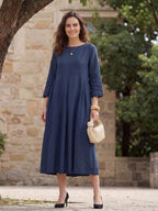 100% Linen Bateau Neck Pleated Maxi Dress ABIGAIL