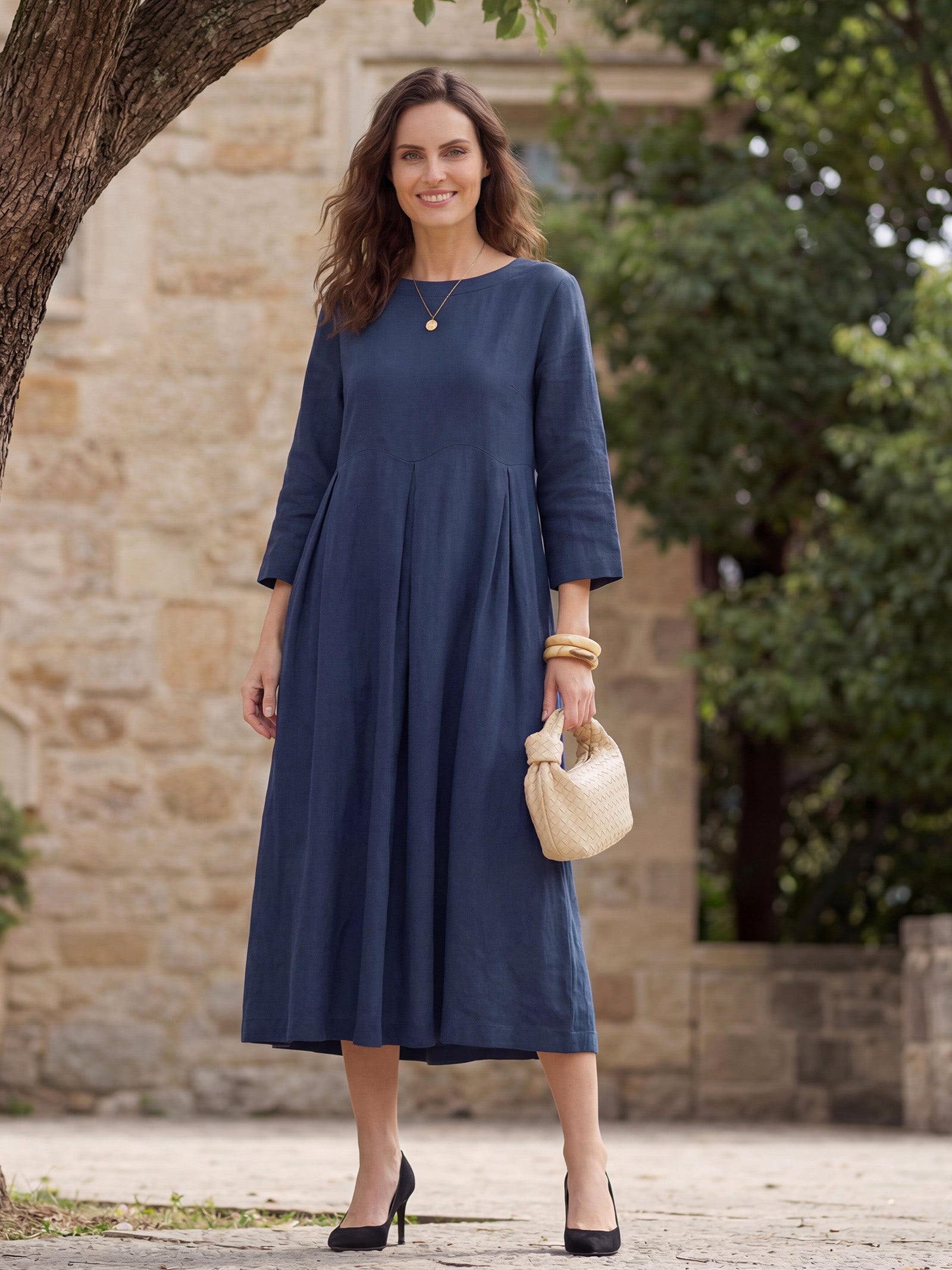 100% Linen Bateau Neck Pleated Maxi Dress ABIGAIL