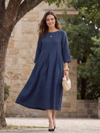 100% Linen Bateau Neck Pleated Maxi Dress ABIGAIL
