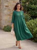 100% Linen Bateau Neck Pleated Maxi Dress ABIGAIL