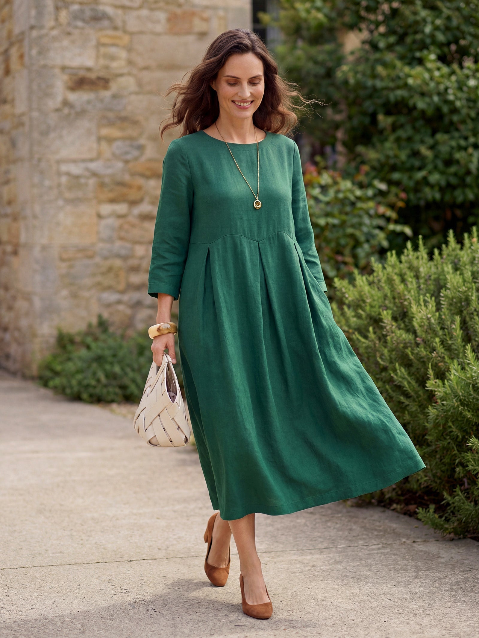 100% Linen Bateau Neck Pleated Maxi Dress ABIGAIL