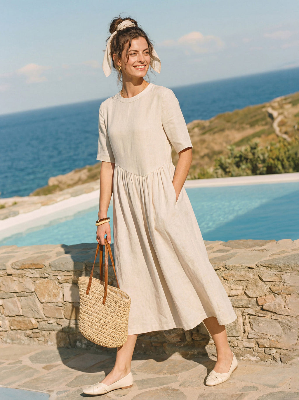 100% Linen Arch-Seam Fluid Maxi Dress EUDORA