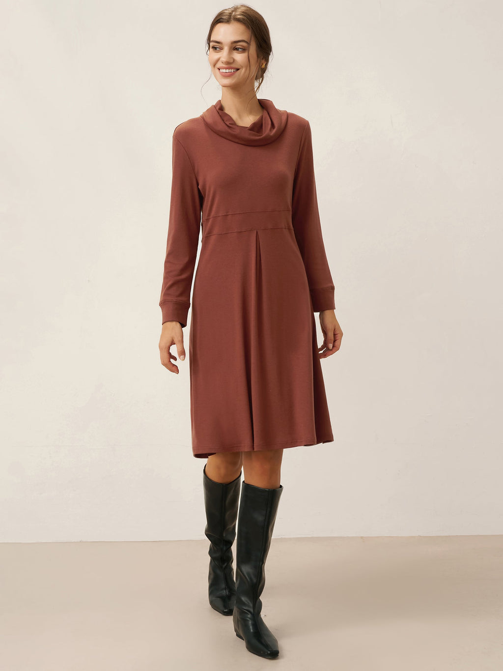 Lyocell Wool Draped Neck Stretch Midi Dress KIRA