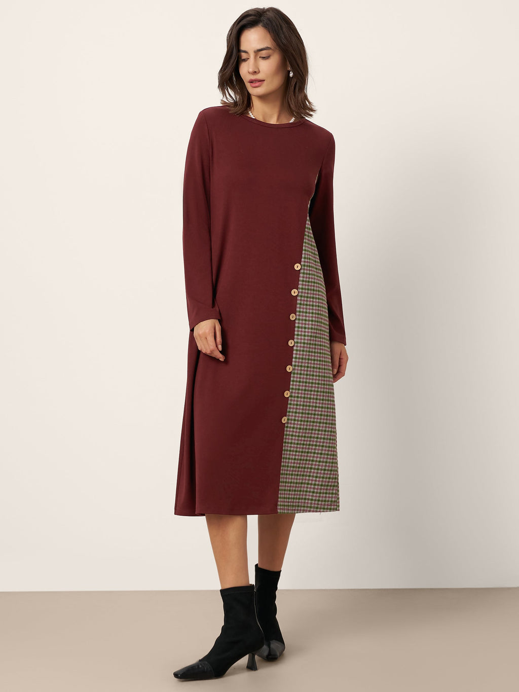 Wool Plaid Panel Midi Dress ALIA