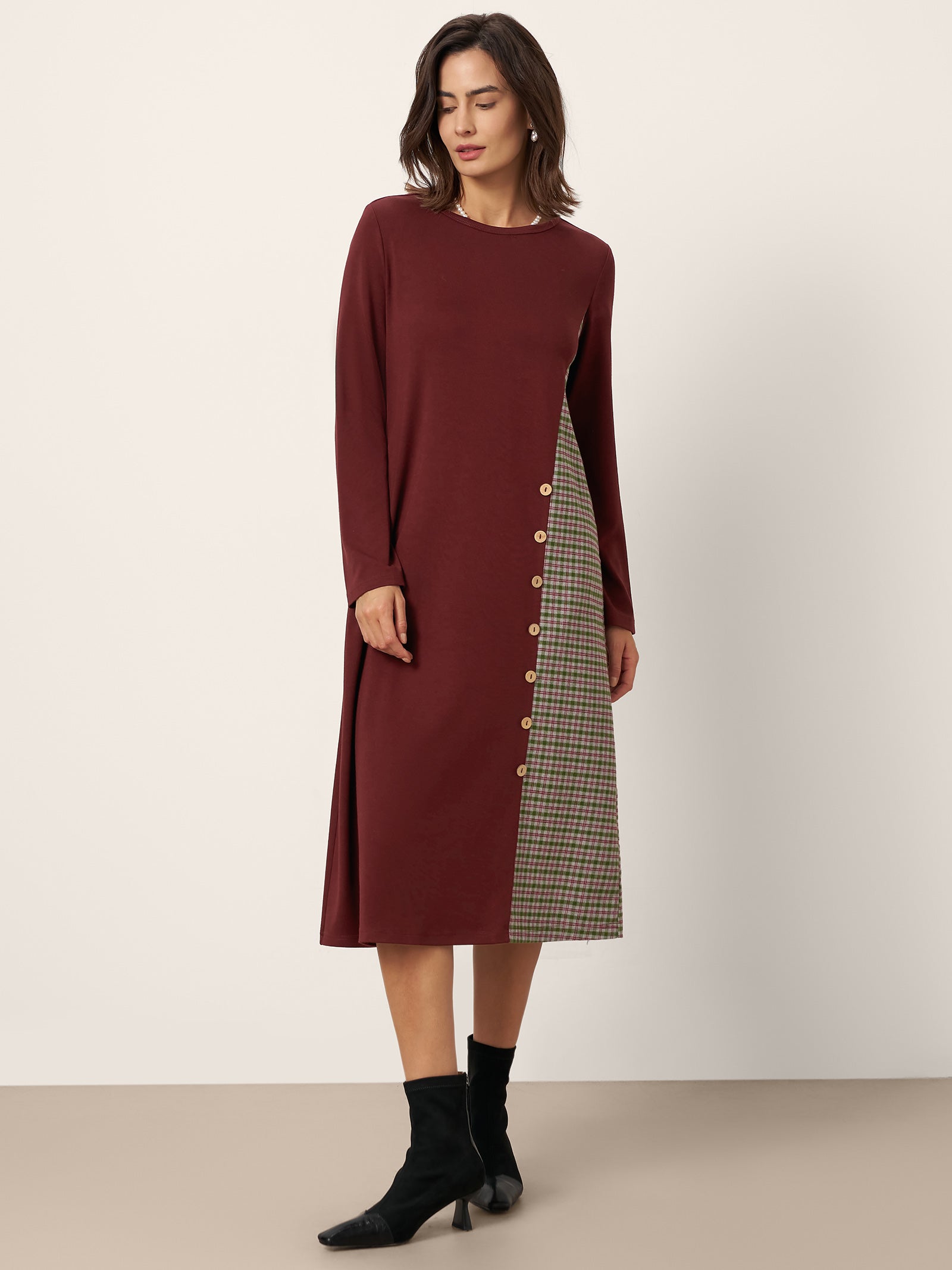 Wool Plaid Panel Midi Dress ALIA