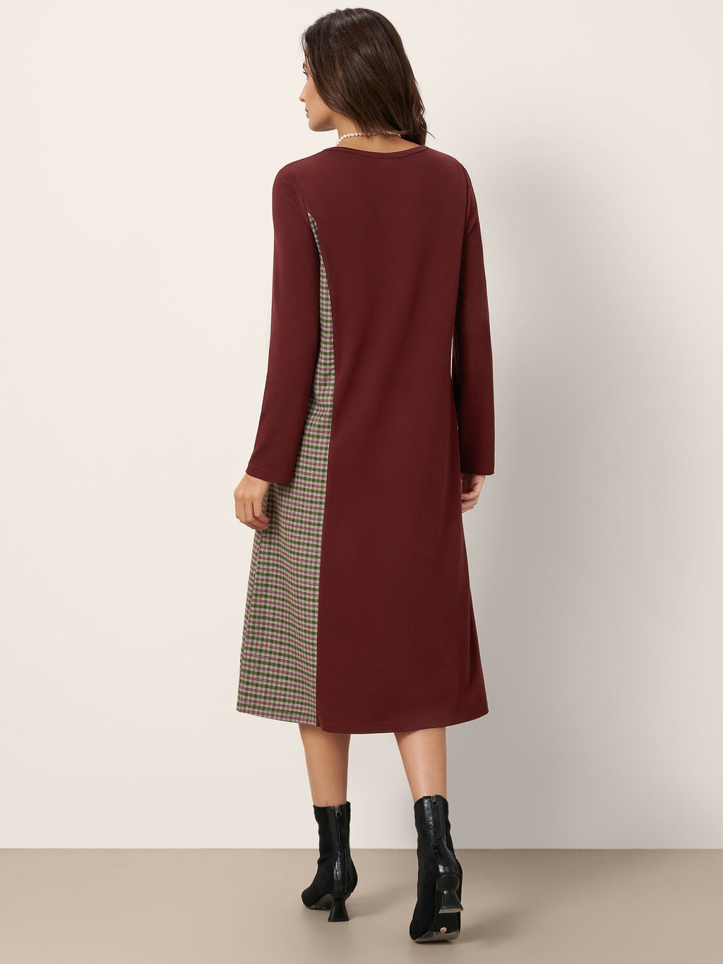 Wool Plaid Panel Midi Dress ALIA