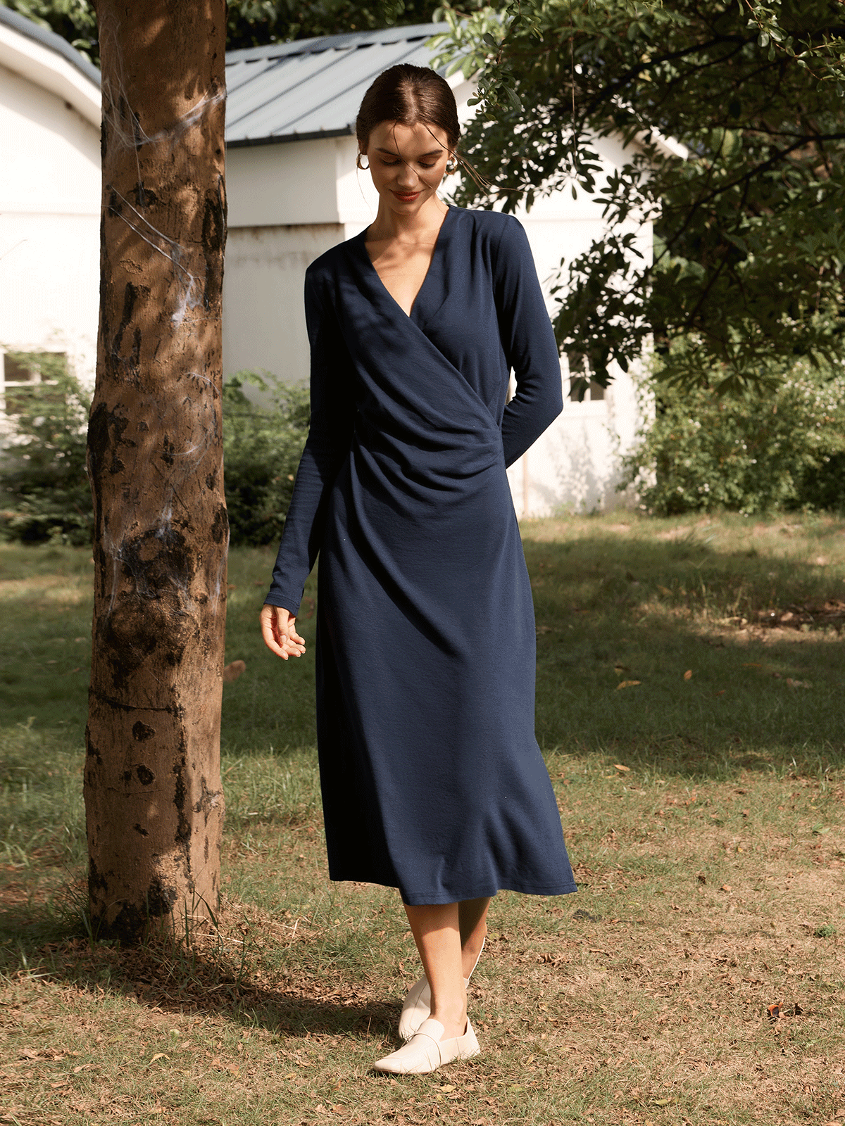 Crossover V-Neck Wrap Stretch Midi Dress MARNIE