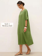 100% Linen Oversized O-Line Belted Midi Dress LORETTA—Multi-Way Wear