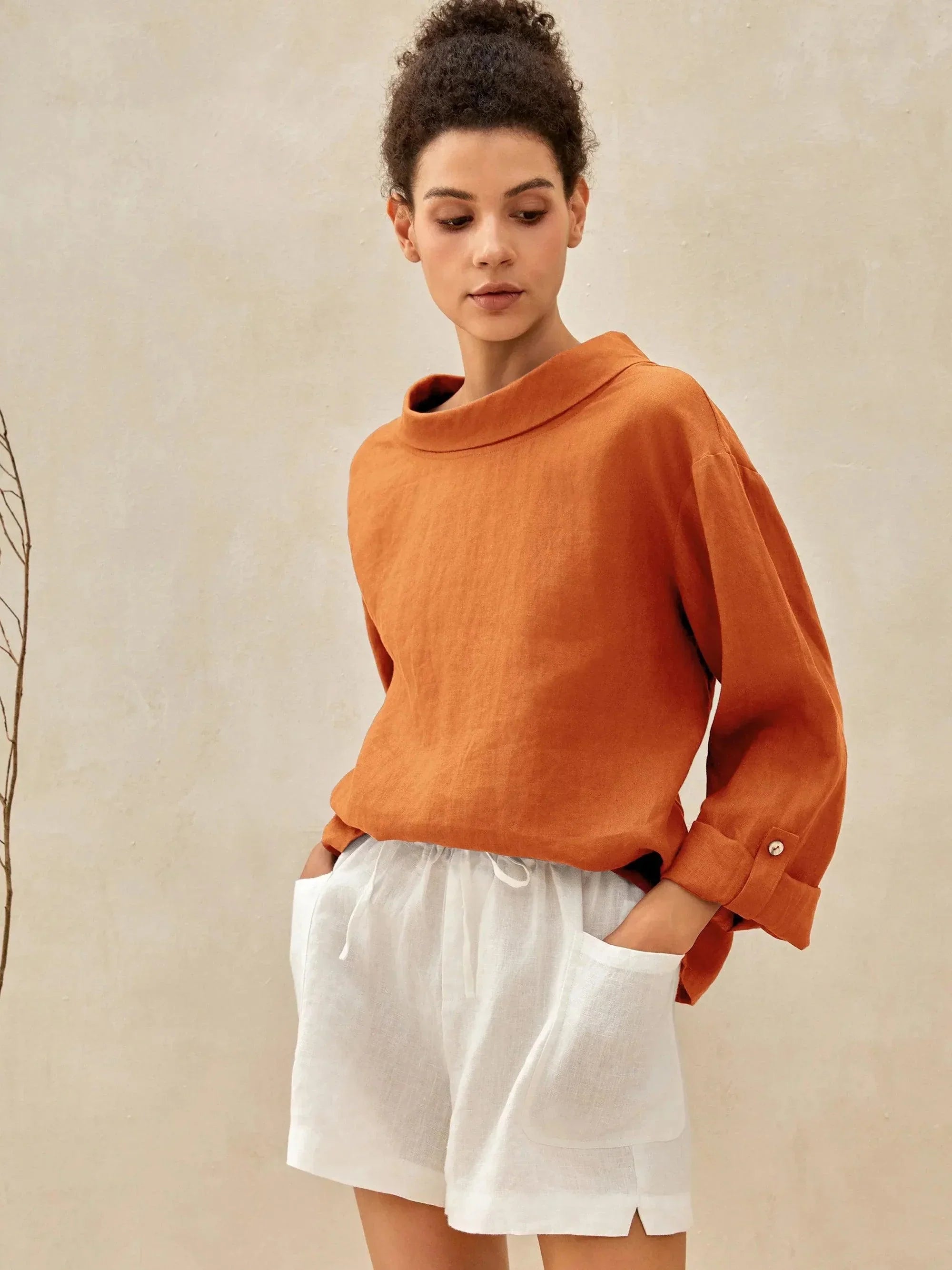 100% Linen Draped Neck Top HOLLIS